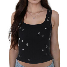 Y2K Women'S Rhinestone Decorated Ribbed Square Neck Sleeveless Cropped Top Black S