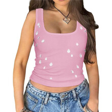 Y2K Women'S Rhinestone Decorated Ribbed Square Neck Sleeveless Cropped Top L