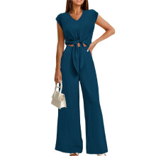 Women'S Summer 2 Piece Outfits 2025 Cap Sleeve V Neck Belted Crop Tops Wide Leg Pants Sets Casual Tracksuit Dark Green M