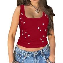 Y2K Women'S Rhinestone Decorated Ribbed Square Neck Sleeveless Cropped Top Red M