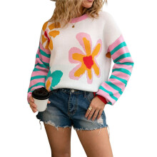 Women Flower Print Sweaters Striped Patchwork Crewneck Knitted Long Sleeve Pullover Sweaters Tops White L
