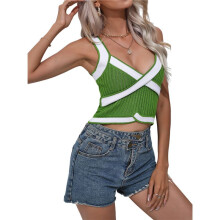 Women'S Trendy Summer V Neck Crop Tank Tops 2025 Casual Color Block Knit Sleeveless Slim Fit Y2k Shirts Green M