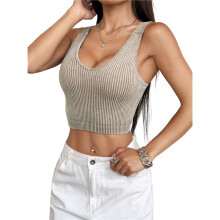 Women'S Sleeveless Crop Tops Ribbed Square Neck Cropped Tank Top Khaki M
