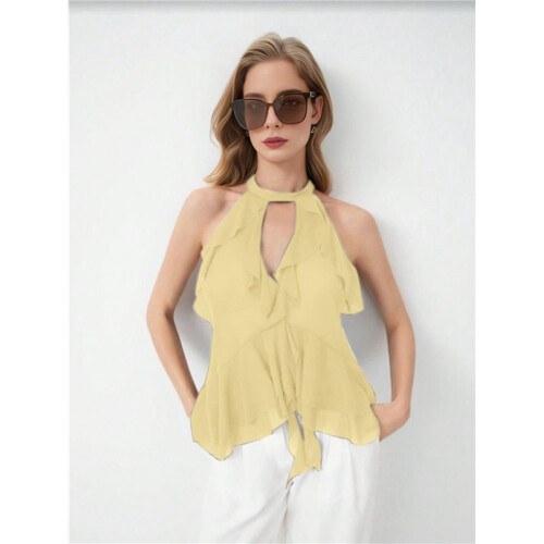 Women'S Halter Neck Ruffled Camisole Yellow S 2