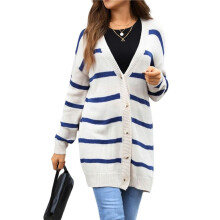 Womens Striped Cardigan Sweaters Long Sleeve V Neck Open Front Button Down Knit Cardigan Cream White S