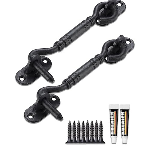 2 Pack Black Door Latch Hook and Eye Lock, RustResistant Metal for Interior or Barn Doors, Extra Security