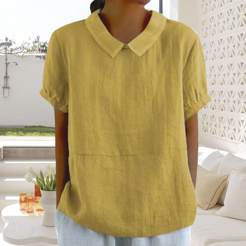 Women's cotton and linen top solid color collared-White XL 1