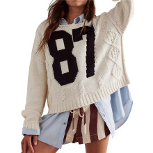 Women'S Y2k Tops Oversized Crochet Number Print Shirts Crew Neck Pullover Sweater Apricot S