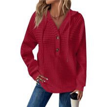 Women 2025 Casual Waffle Knit Sweatshirt Oversized Button V Neck Sweater Drawstring Hooded Pullover Wine Red XXXL