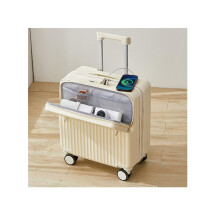 Airline Approved Carry On Luggage 18in White Hard Shell Suitcase with USB Port, Front Pocket, Smooth Wheels