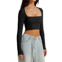 Top Curto Básico Casual Feminino, Decote Quadrado, Manga Comprida, Forro Duplo Preto XL