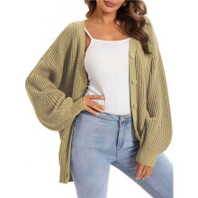 Cardigans Femininos com Botões, Manga Comprida, Malha , Sobretudo Amarelo Cinza L