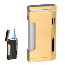 Refillable Butane Torch Lighter with Adjustable Blue Flame, Windproof Metal Body, Visible Fuel Window, Gold