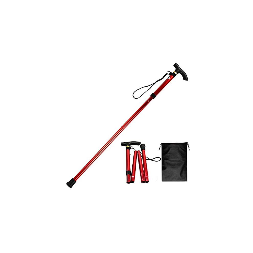 Red Folding Walking Cane Adjustable Height Lightweight Aluminum Antislip Grip For Seniors Travel