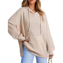 Oversized Hoodies for Women Casual Long Sleeve Waffle Knit Drawstring Side Slit Sweatshirts with Pocket Apricot M