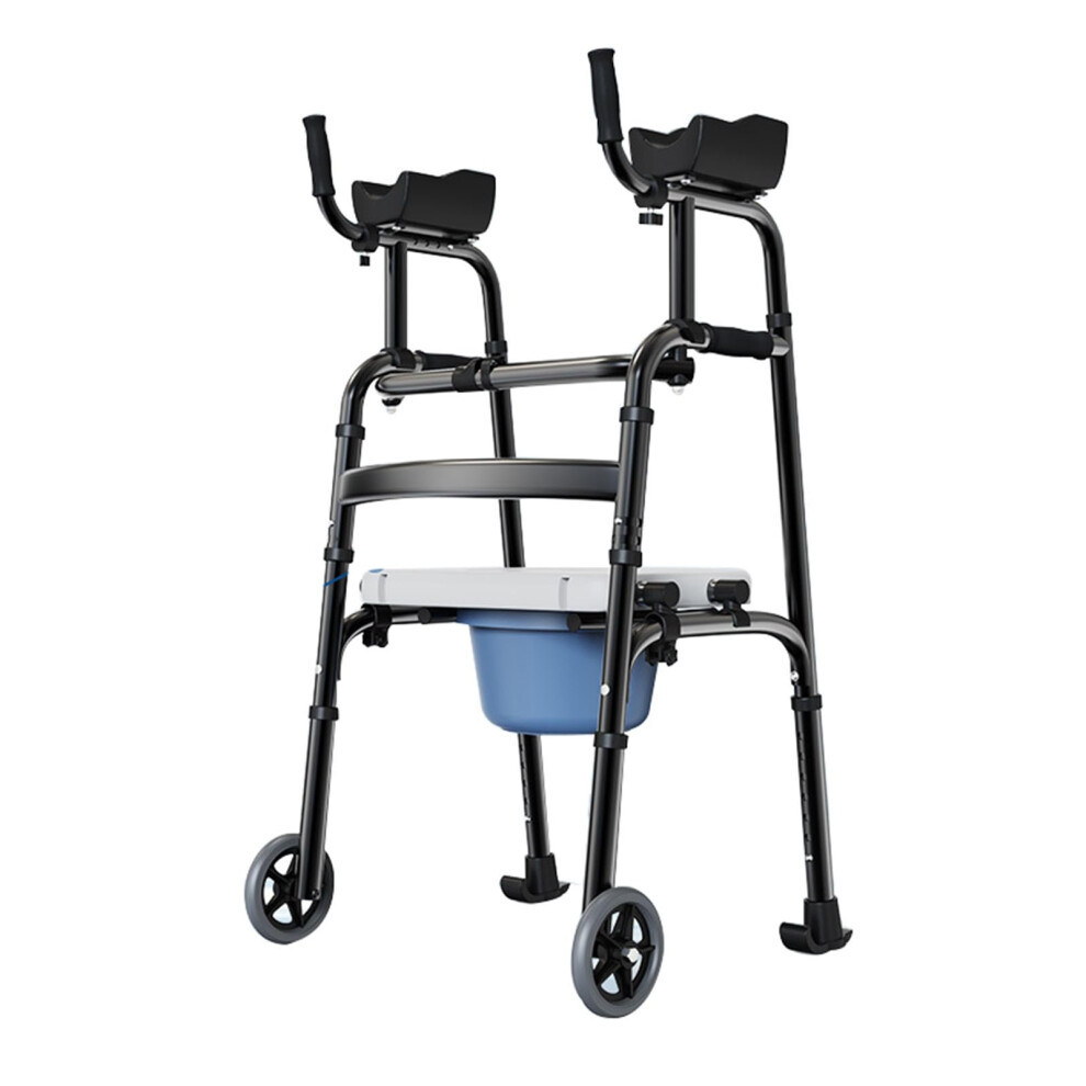 Folding Walker with Removable Armrests and Toilet Bucket, Height Adjustable Lightweight Walking Aid for Elderly Adults