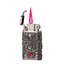 Engraved Dragon Jet Flame Lighter, Windproof Refillable Butane Torch with Adjustable Flame, Black Metal for Candle and Camping