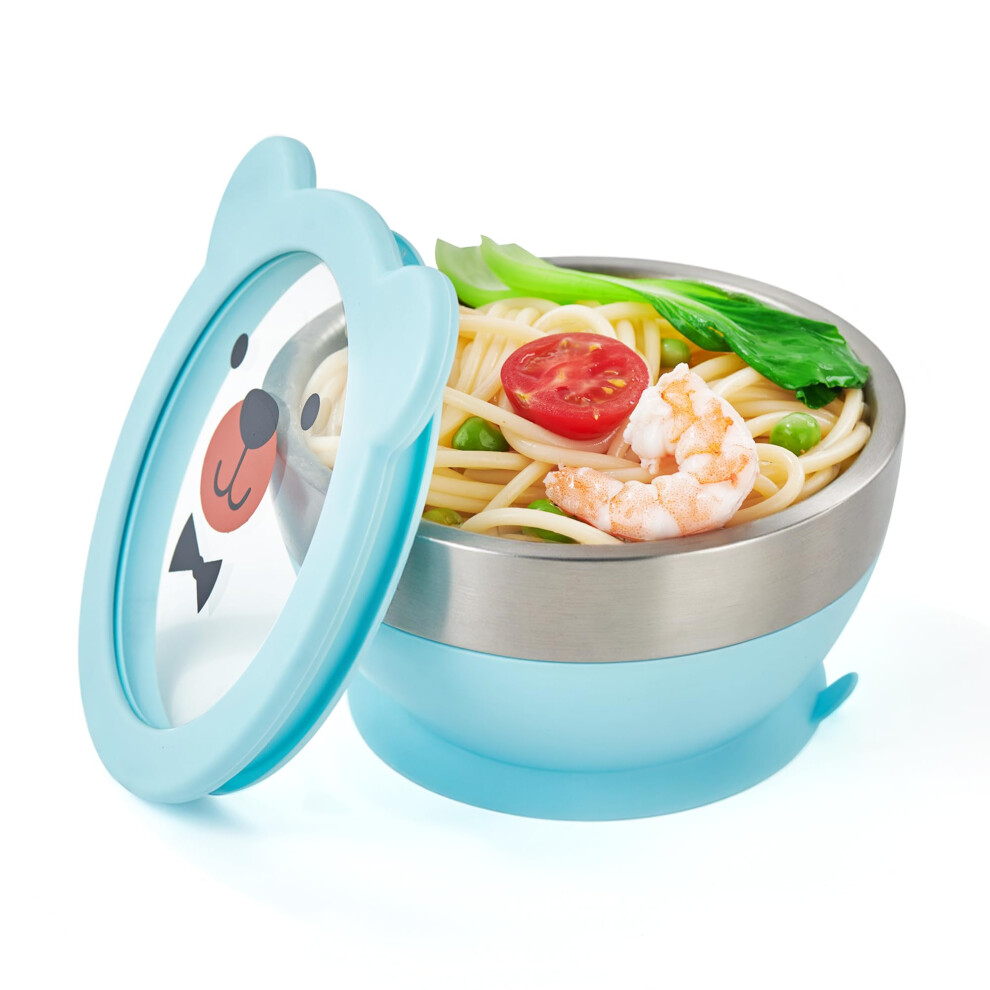 Stainless Steel Baby Feeding Bowl Set with Spoon, NonSlip Suction Base, DoubleLayer Insulated, BPA Blue