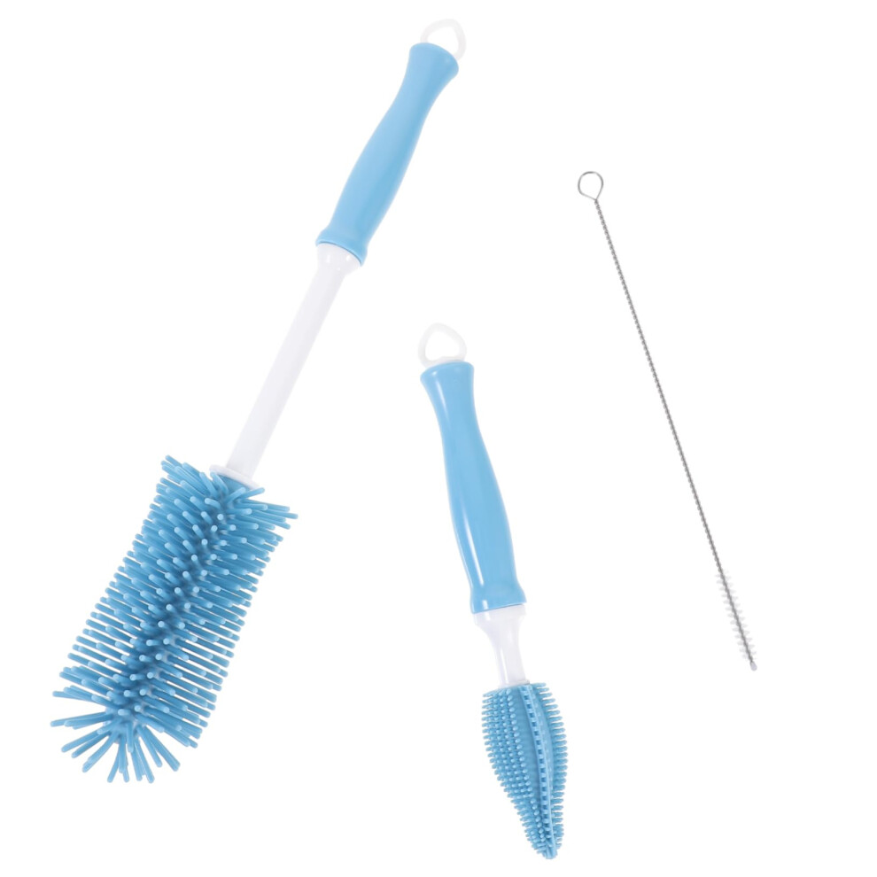 Silicone Bottle Brush with Case for Baby Bottle Cleaning, 360 Rotating Deep Cleaner Tool, Blue 30x5cm