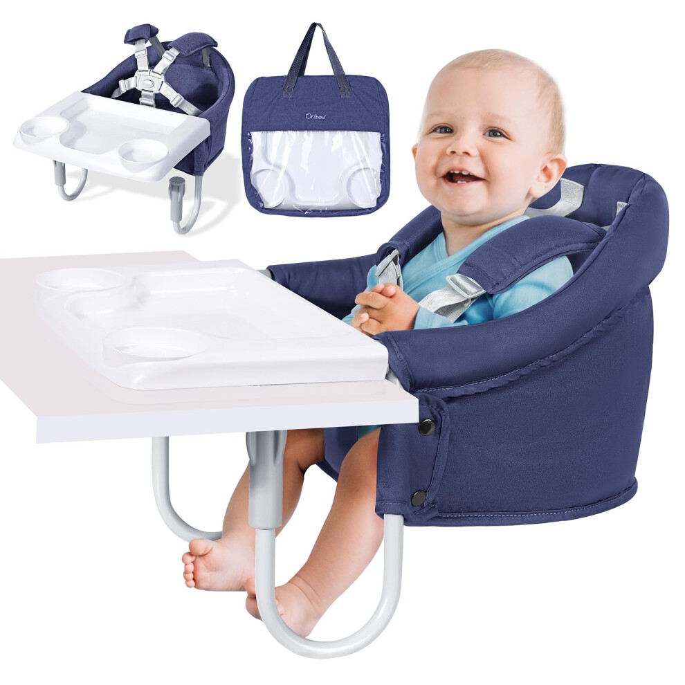 Portable Hook On Chair With Removable Tray, Foldable Baby Booster Seat For Table Feeding, Blue
