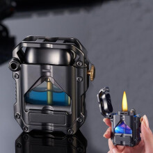 Steampunk Kerosene Lighter Refillable Metal Design with Blue LED Light and Transparent Fuel Tank Black