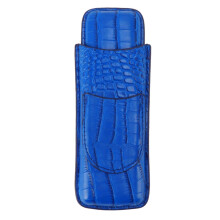 Blue Leather Cigar Case 2 Finger Holder with Protective Cover and Front Cutter Pocket for Travel