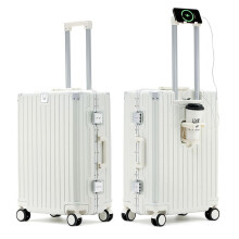 20 Inch Aluminum Frame Carry On Luggage with USB Port and Cup Holder, Hard Shell Suitcase with 360 Spinner Wheels, White