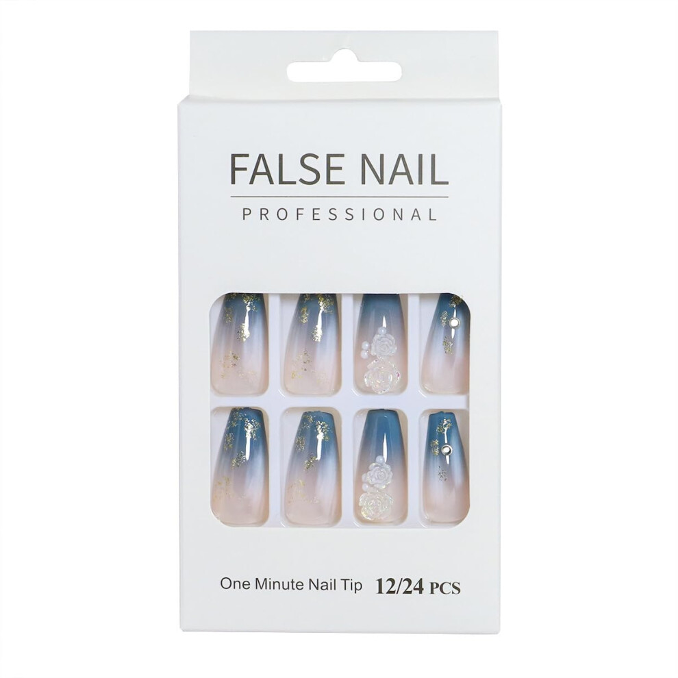 Blue Reusable Gradient Press On Nails 24Pcs Medium Coffin Fake Nails With Glitter Flowers And Rhinestones