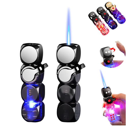 Butane Torch Lighter for Men, Cool LED Dice Design, Windproof Jet Flame, Refillable and Adjustable