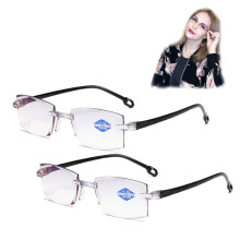 Diamond Cut Rimless Progressive Reading Glasses +250, Anti Blue Light Bifocal Foldable Eyewear