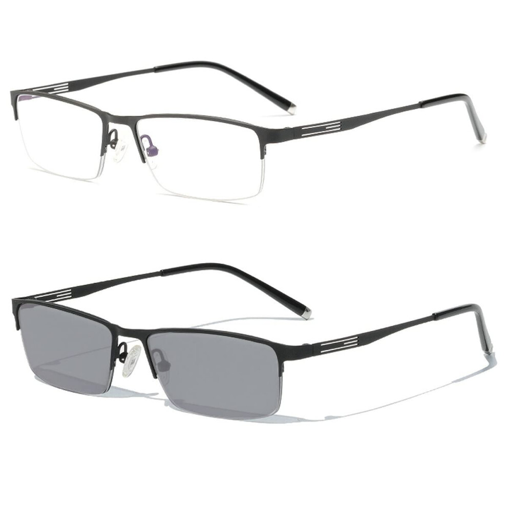 Black Photochromic Reading Glasses For Men 1.75X Metal Half Frame Readers For Clear Closeup Viewing