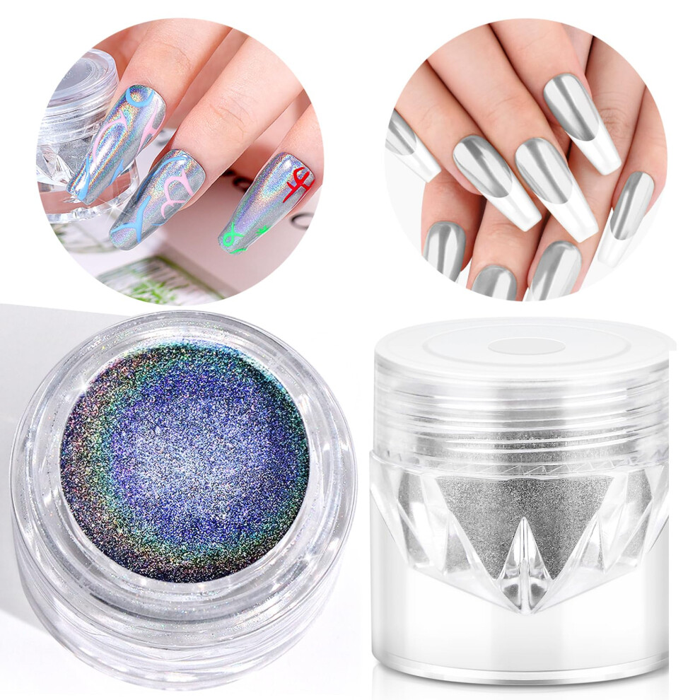 Silver Chrome Nail Powder Set 2Pcs Mirror Effect Holographic Finish Longlasting Gel Polish Kit