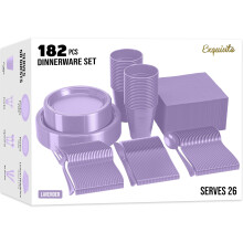 Lavender Disposable Dinnerware Set for 26 Guests, Complete Plastic Party Plates and Cutlery, 182 PCS