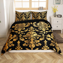 King Size Duvet Cover Set Gold Black Boho Bedding Luxury Vintage Floral Design Gothic Bohemian Style No Comforter Included