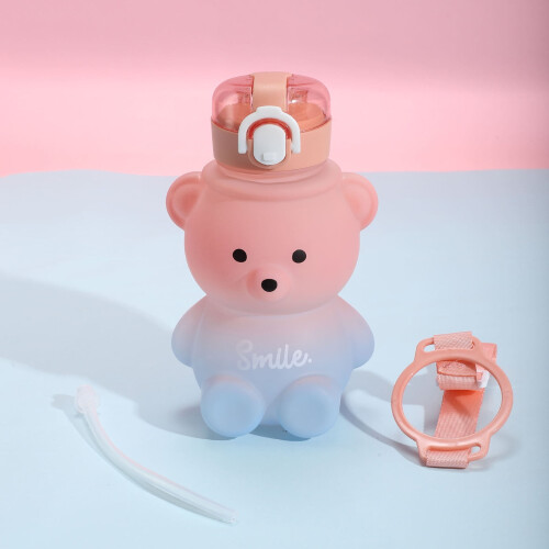 Bear Straw Bottle - 800ml Vandflaske med Gradient og Strop (Pink Blå) 1