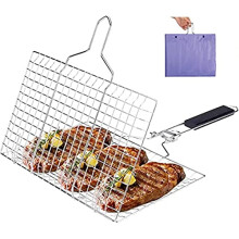 Stainless Steel Grill Basket with Foldable Wooden Handle for Fish and Vegetables BBQ, Lockable Design