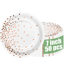 Rose Gold Paper Plates 7 Inch 50 Pack, Elegant Polka Dot Disposable Party Plates for Weddings and Birthdays
