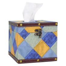 Retro Vegan Leather Tissue Box Cover with Diamond Patchwork Design, Square Holder for Bathroom Decor