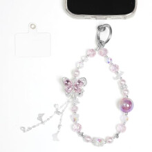 Phone Charm Strap with Crystal Butterfly Pendant, Beaded Wristlet Lanyard for Women, Anti Slip Grip