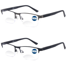 2 Pack Bifocal Reading Glasses for Men 1.5x, Blue Light Blocking Metal Half Frame Readers with Spring Hinges