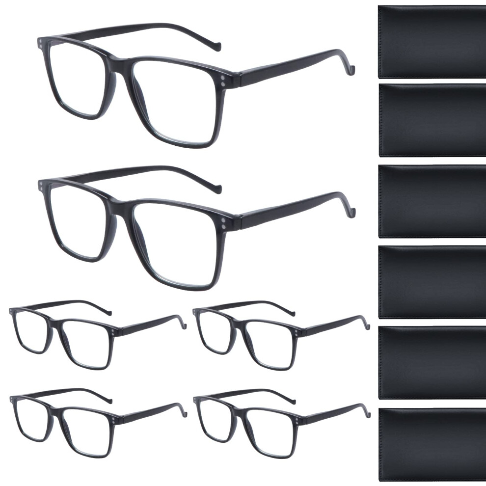 6 Pack Blue Light Blocking Reading Glasses for Women and Men, 2.0 Magnification Fashion Square Black Frame
