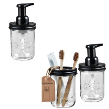 Black Mason Jar Bathroom Accessories Set with Foaming Soap Dispenser and Toothbrush Holder, Rustic Farmhouse Decor