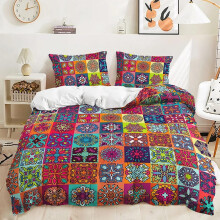 Bohemian Duvet Cover Set King Vintage Floral Folk Art Geometric Bedding with Pillowcases Blue Red