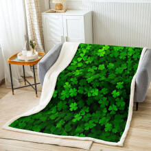 Kids Sherpa Fleece Blanket King Size Green Four Leaf Clover Plush Throw for Sofa and Bed