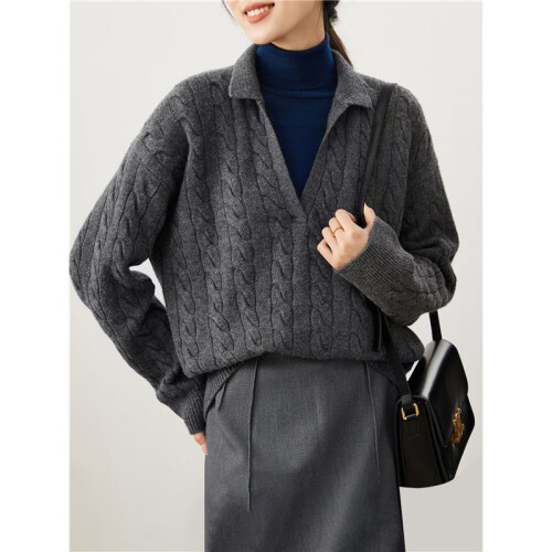Women'S Cable Long Sleeve Sweaters Tops Solid Lapel V Neck Knit Casual Soft Pullover Shirt Grey M 1
