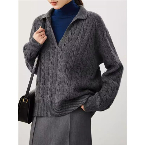 Women'S Cable Long Sleeve Sweaters Tops Solid Lapel V Neck Knit Casual Soft Pullover Shirt Grey M 2