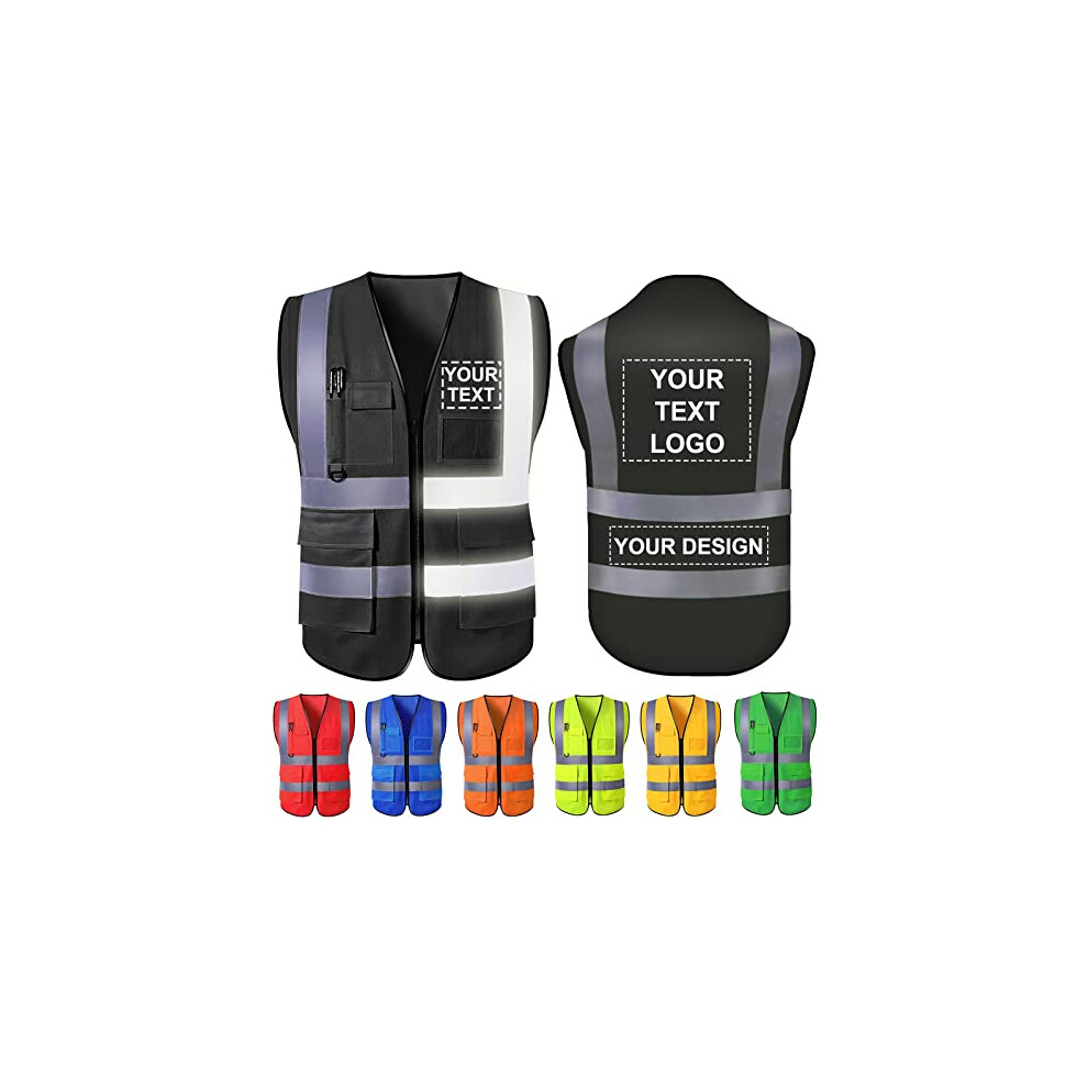 Visibility Safety Vest With Pockets And Zipper, Custom Reflective Work Vest For Men Women Construction Â Black 9073542249252