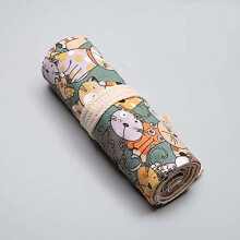 Cute Cat Canvas Pencil Roll 12 Slot Large Capacity Pen Organizer Case for Artists Art Supplies