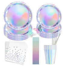 Iridescent Party Supplies for 20 Guests, Disposable Holographic Plates Cups and Napkins Set for Mermaid or Unicorn Birthday Party