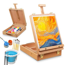 Wooden Tabletop Easel with Storage, Adjustable Beech Sketch Box for Painting and Drawing, Includes Palette Knife and Foldable Water Bucket